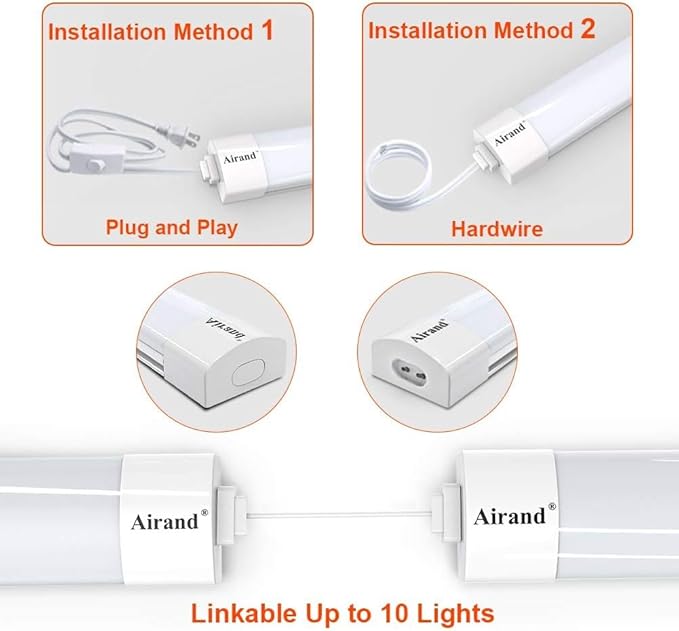 Airand LED Shop Light Fixture 4FT Plug in Ceiling Lights Linkable LED Tube Light 5000K Plug in Light Fixture for Bathroom Garage Overhead with ON/Off Switch