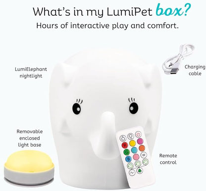 LumiPets Eggbert the Elephant Squishy Night Light for Kids | Silicone Nightlight with Tap, Remote Control | Rechargeable Color Changing Animal Light for Girls & Boys | Portable Mood Lamp With USB Cord