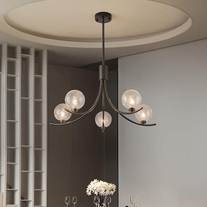 5-Head Black Modern Chandelier with 5 Clear Glass Globe Bulbs, Globe Chandelier, Elegant Lamps with Black Accents, Ceiling Light for Living Room Kitchen Island Bedroom Entryway