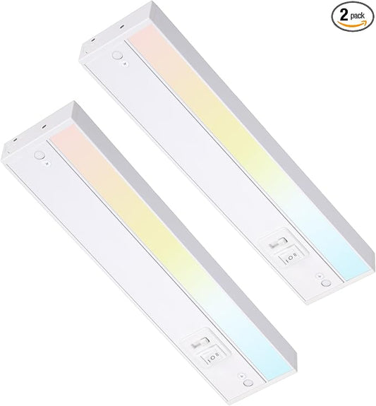TORCHSTAR LED Under Cabinet Lighting 5CCT, 12 Inch 8W 600LM, Hardwired & Plug-in, 5 Color Selectable CRI90 120V ETL T24 Listed Dimmable Under Counter Lights for Kitchen, White Aluminum Housing, 2 Pack