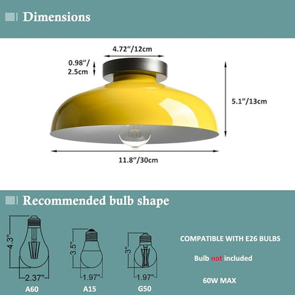 DIRYZON Macarons Yellow Ceiling Light Industrial Mount Fixture with 12-Inch Metal Shade for Bedroom Hallway Porch