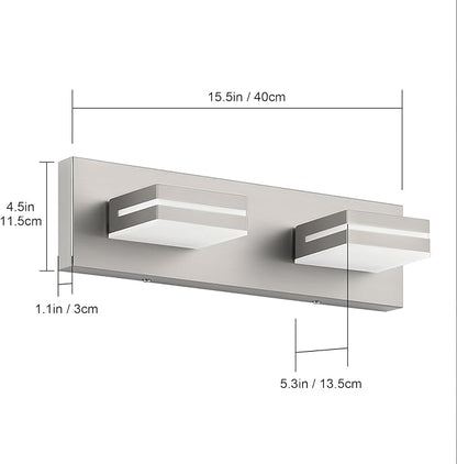 SineRise LED Modern Bathroom Vanity Light Fixtures (2-Light, 15.5-Inch), Brushed Nickel Modern Acrylic Bathroom Wall Lighting Fixtures Over Mirror (Cool White 6000K)