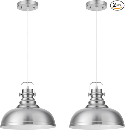 Refice Brushed Nikcel Farmhouse Pendant Lights Industrial Pendant Lighting for Kitchen Island Adjustable Height Dome Hanging Lights for Barn, Dining Room 2 Packs