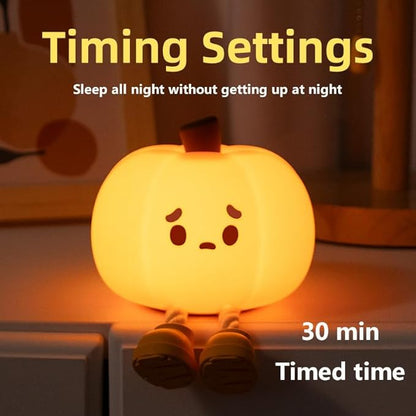 Pumpkin Night Light, Squishy LED Nursery Lamp with Timer, Rechargeable Silicone Nightlight for Kids, Dimmable Bedside Lantern for Baby Room & Easter Decor