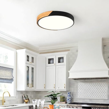 Modern Dimmable LED Ceiling Light, Minimalist Wood Style 5CCT 2700K-6000K Flush Mount Ceiling Light Fixture, Round Lighting Lamp for Bedroom Living Room Dining Room Laundry, Black, 15.8"