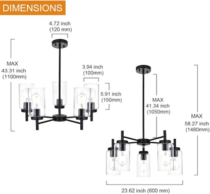 5 Light Contemporary Chandeliers Black Modern Lighting Fixtures Hanging,Industrial Vintage Pendant Lights with Clear Glass Shade Flush Mount Ceiling Light for Dining Room Bedroom