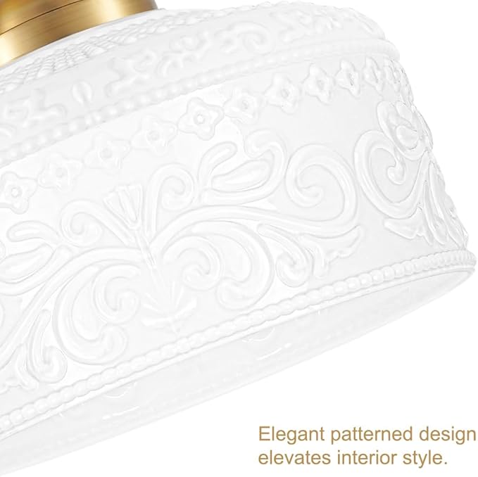 Daunton Artistic Gold Handcrafted Semi Flush Mount Ceiling Light - 12 Inch Vintage White Glass Shade with Etched Patterns, Easy Install Small Ceiling Light Fixture for Hallway, Kitchen, Bedroom