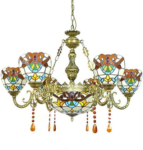 Pendant Lighting LED Chandelier Light Antique Tiffany Style Stained Glass 6+1-Light with Amber Droplet Decorations Hanging Light for Dining Living Cafe Room Restaurant - TYP C2-