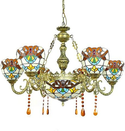 Pendant Lighting LED Chandelier Light Antique Tiffany Style Stained Glass 6+1-Light with Amber Droplet Decorations Hanging Light for Dining Living Cafe Room Restaurant - TYP C2-