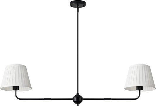 Black Linear Chandelier for Dining Room, 43.3" Modern Pendant Lighting with White Fabric Shade, Double Linear Dining Room Light Fixture Over Table for Kitchen Island Restaurant, E26 Base
