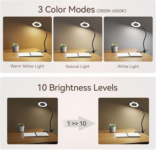 LED Desk Lamp Clip on Light with 3 Color Modes 10 Brightness Ring/Clamp Light 360° Adjustable Neck Dimmable Eye Protection Desk Lamps for Home Office