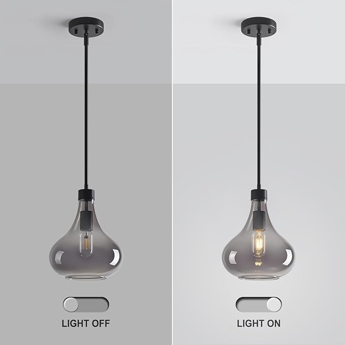 Modern Glass Pendant Light 9.44 in Smoke Gray Glass Shade Black Farmhouse Island Pendant Lights for Kitchen Pendant Lighting Over Sink Bedroom Dining Room