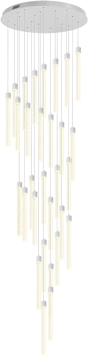 177'' Long Crystal Column Chandelier Silver 30-Light Extra Large Staircase Chandelier High Ceiling Dimmable LED Ceiling Lighting Foyer Entryway Light Source is Replaceable