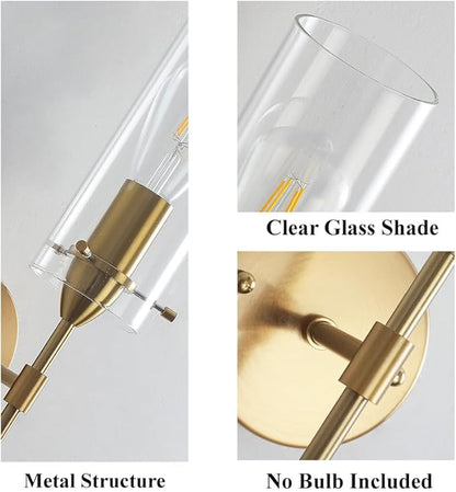 Gold Wall Sconces, Modern Wall Lights with Clear Glass Shade, Indoor Hardwired Wall Mount Light Fixtures for Living Room Bathroom, Bedroom, Hallway, 2 Pack