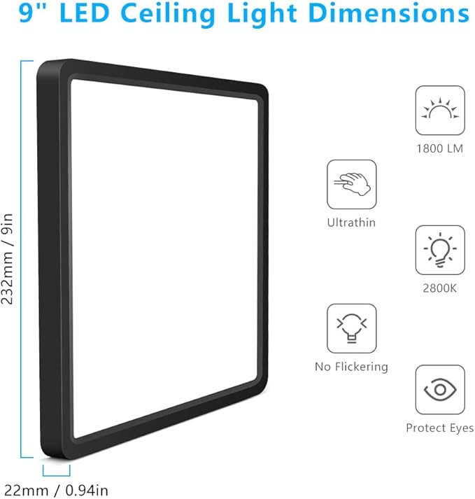 9Inch 18W Square LED Ceiling Light Fixtures Flush Mount, 3000K Warm White LED Ceiling Lamp, Surface Mount Modern Ceiling Lights, Slim Flat Panel Lighting for Bedroom, Kitchen, Bathroom Etc.Black