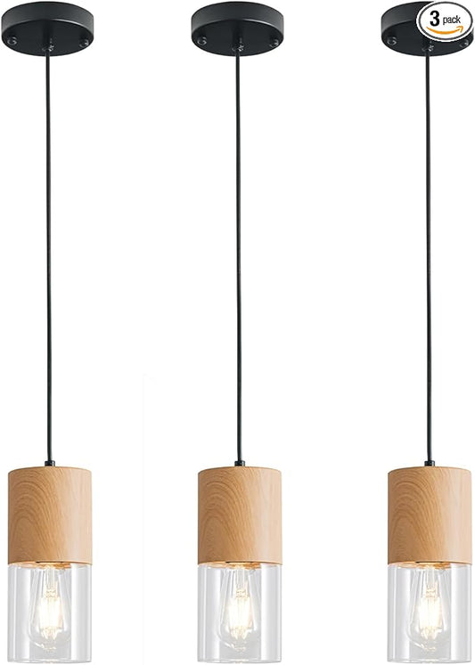 3-Pack Modern Pendant Lights for Kitchen Island, Adjustable Pendant Light Fixtures with Raw Wood Grain, Industrial Clear Glass Pendant Lights for Dining Table Hallway Bedroom Living Room