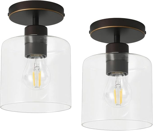 Brown and Gold Semi Flush Mount Ceiling Light,Modern Farmhouse Ceiling Light Fixture for Closet Entryway,Hallway Light Fixture 5.9in Clear Glass Shade 2 Pack
