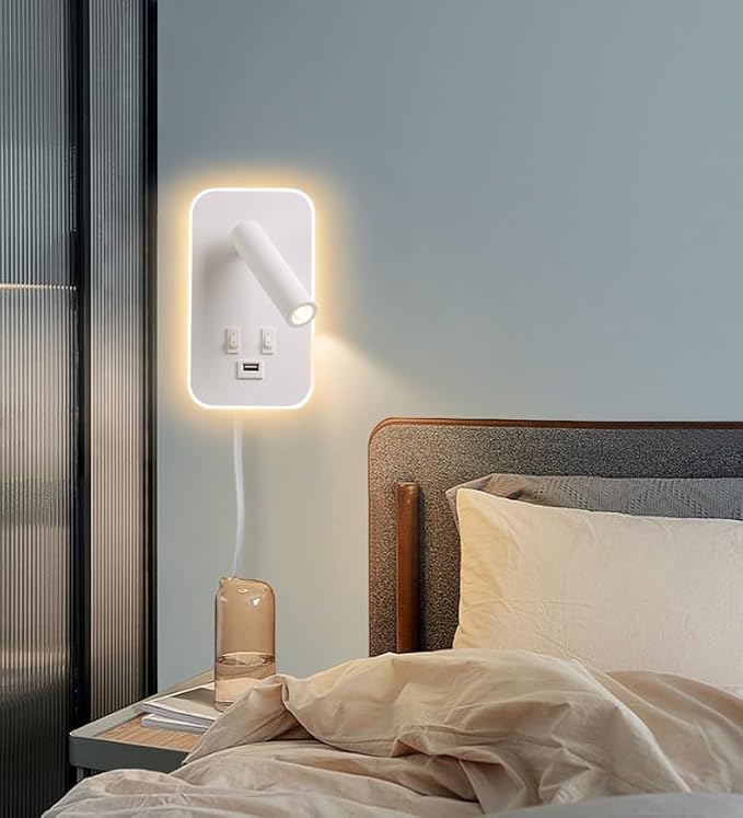 Wall Sconce Plug in with Wall Mounted Reading Lights, Wall Lamp for Bedroom with Charging Station USB Ports,Headboard Bedside Lamps, Plug-in or Hardwired, Eye-Caring Bedroom Lighting, White
