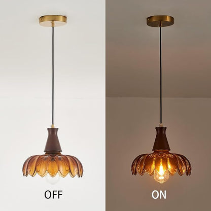 YLONG-ZS Pendant Lights Kitchen Island,Vintage Hanging Kitchen Light Fixtures with Amber Flower Glass，Walnut Wood Color Modern Hanging Pendant Ceiling Light for Island Dining Room Bedroom Living Room
