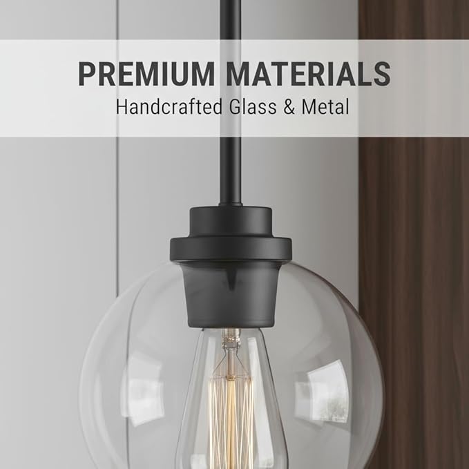 Pendant Light – 7 Inch Modern Hanging Fixture with Clear Glass Globe & Matte Black Finish, Adjustable Iron Rods & Sloped Ceiling Compatible for Kitchen Island Dining Room Bedroom Hallway, 2 Pack