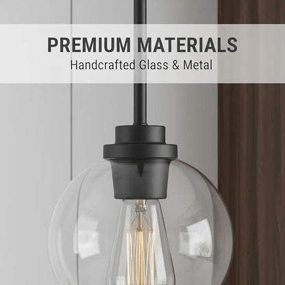 Pendant Light – 7 Inch Modern Hanging Fixture with Clear Glass Globe & Matte Black Finish, Adjustable Iron Rods & Sloped Ceiling Compatible for Kitchen Island Dining Room Bedroom Hallway, 2 Pack