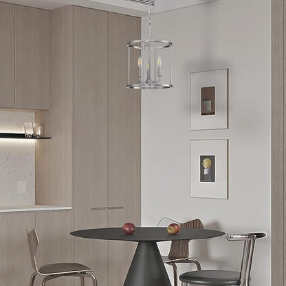 3-Light Hanging Lantern Pendant Light Fixture Brushed Nickel Finish Geometric Chandelier Adjustable Chain Metal Cage Pendant Lighting for Kitchen Island Dining Room Foyer