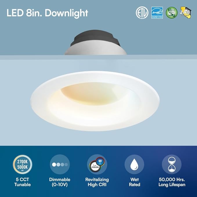 Euri Lighting DLC8C-24W203swej, 8” Commercial Downlight 120-277v, CCT (27/3/35/4/5) & Watt (10/15/24) Tunable, 0-10V DIM, 90+ CRI, Wet Rated IC-Rated, UL, T24, JA8, Energy Star, 3YR, 50K HR WTY