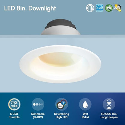 Euri Lighting DLC8C-24W203swej, 8” Commercial Downlight 120-277v, CCT (27/3/35/4/5) & Watt (10/15/24) Tunable, 0-10V DIM, 90+ CRI, Wet Rated IC-Rated, UL, T24, JA8, Energy Star, 3YR, 50K HR WTY