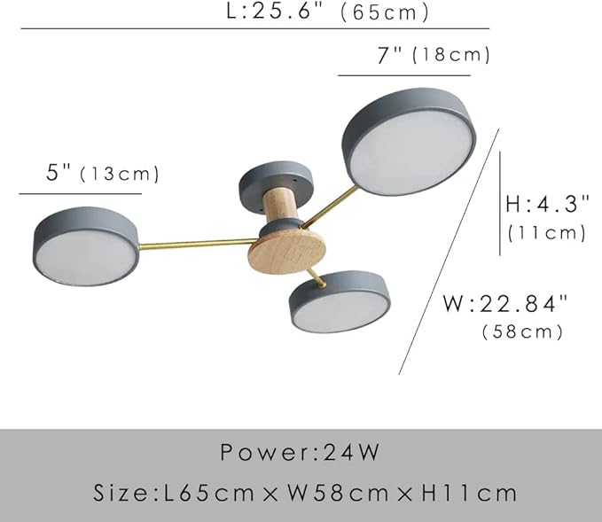 3-Lights LED Ceiling Light Fixture,26 Inch Modern Ceiling Lights Flush Mount Wooden 24W Dimmable Chandelier for Living Room Bedroom Kitchen,3000K/4000K/6000K Grey