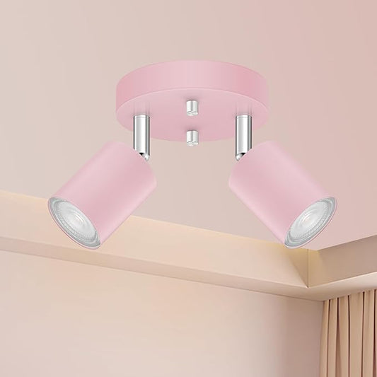 2 Light Track Lighting Fixtures Ceiling, Pink Round Directional Spotlight Fixtures, GU10 Flush Mount Ceiling Fixture, Adjustable Modern LED Track Light for Girl's Room, Bulb Not Included