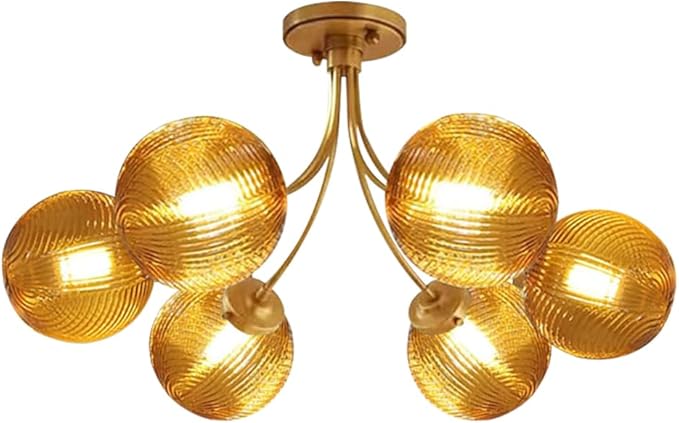 Glass Flush Mount Light 6-Light Gold Mid Century Chandelier Amber Glass Close to Ceiling Light Antique Gold Modern Chandelier Light Fixtures for Bedroom Living Dining Room