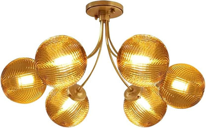 Glass Flush Mount Light 6-Light Gold Mid Century Chandelier Amber Glass Close to Ceiling Light Antique Gold Modern Chandelier Light Fixtures for Bedroom Living Dining Room