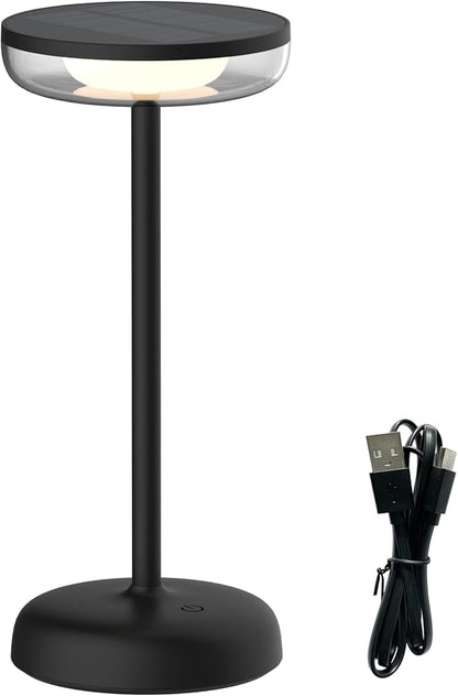 Cocktail Style Solar Table Lamp – Cordless LED Light with USB-C Charging, Dimmable Warm 2700K Glow, Weather Resistant for Indoor/Outdoor Use – Black, 1 Pack