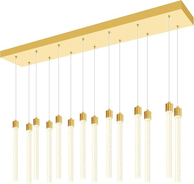 Modern Rectangular Crystal Chandelier for Dining Room LED Dimmable Crystal Column Pendant Light for Kitchen Island Entrance Foyer Living Room Adjustable Height 14-Lights Gold