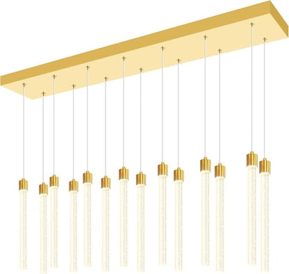 Modern Rectangular Crystal Chandelier for Dining Room LED Dimmable Crystal Column Pendant Light for Kitchen Island Entrance Foyer Living Room Adjustable Height 14-Lights Gold
