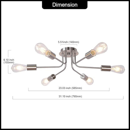 Modern Sputnik Chandelier 6 Light Semi Flush Mount Ceiling Lighting Cotemporary Industrial Brushed Nickel Ceiling Fixture for Bedroom, Hallway, Kitchen, Bar