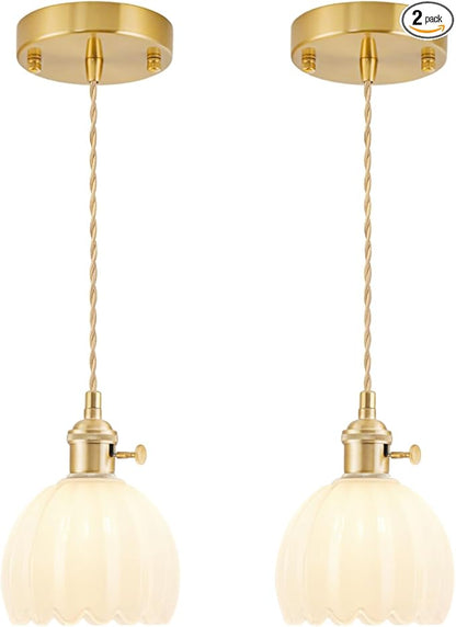 Mini Pendant Lights Kitchen island 2 Pack, Small Adjustable Pendant Light Fixture with Milk White Tulip Glass Lampshade, Vintage Gold Pendant Lighting, Pendant Light for Bedroom Dining Room Hallway