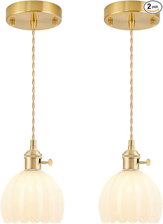 Mini Pendant Lights Kitchen island 2 Pack, Small Adjustable Pendant Light Fixture with Milk White Tulip Glass Lampshade, Vintage Gold Pendant Lighting, Pendant Light for Bedroom Dining Room Hallway