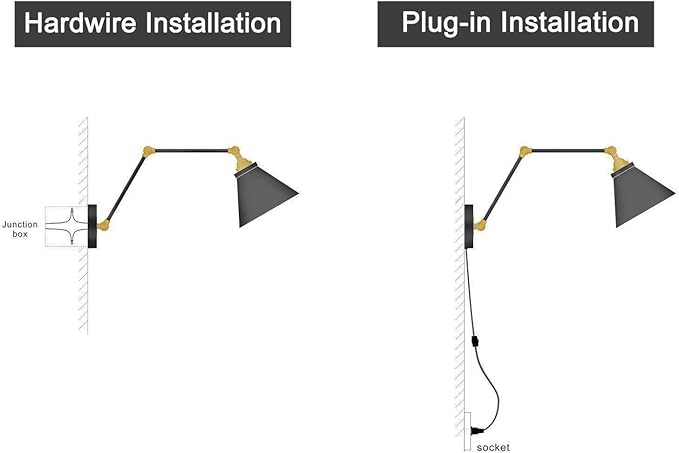 LALUZ Black Wall Sconces Lighting, 2 Pack Modern Industrial Swing Arm Plug in or Hardwired Adjustable Wall Lamp with Antique Brass Finish for Bedroom, Kitchen, and Living Room