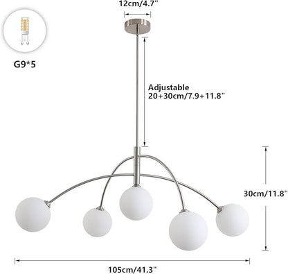 Mid Century Modern Chandelier, 5 Light Silver Sputnik Light Fixture with White Glass Globe Shade, Adjustable Modern Sputnik Chandelier for Dining Room Kitchen Bedroom