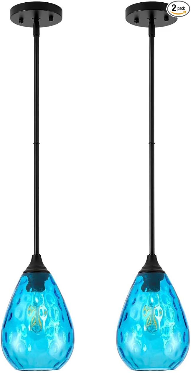 Black Pendant Lights Kitchen Island 2 Pack, Modern Blue Glass Pendant Light Fixtures with Hammered Glass and Rods, Adjustable Small Hanging Light for Kitchen Sink Dining Room Bathroom