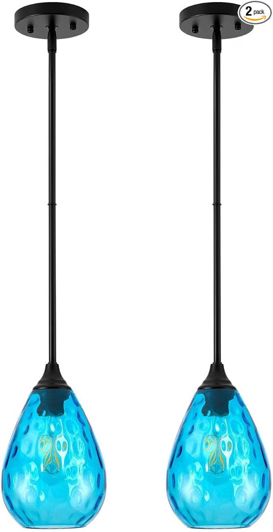 Black Pendant Lights Kitchen Island 2 Pack, Modern Blue Glass Pendant Light Fixtures with Hammered Glass and Rods, Adjustable Small Hanging Light for Kitchen Sink Dining Room Bathroom