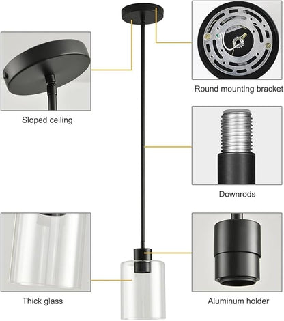 3 Pack Black Pendant Lights Kitchen Island, Modern Industrial Matte Black Hanging Light Fixtures, Adjustable Downrod Farmhouse Glass Pendant Lighting for Dining Room Bedroom Hallway Entryway