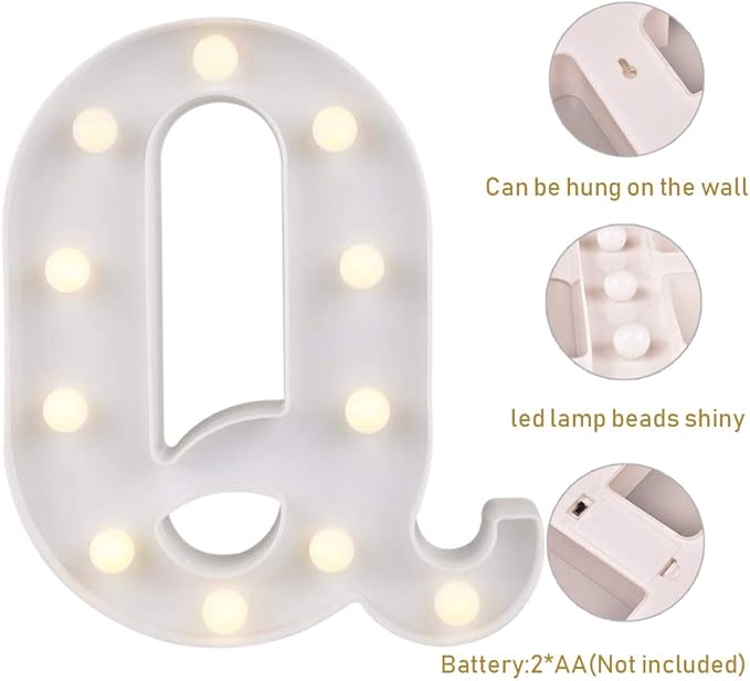 ODISTAR LED Light Up Marquee Letters, Battery Powered Sign Letter 26 Alphabet with Lights for Wedding Engagement Birthday Party Table Decoration bar Christmas Night Home,9’’, White (Q)