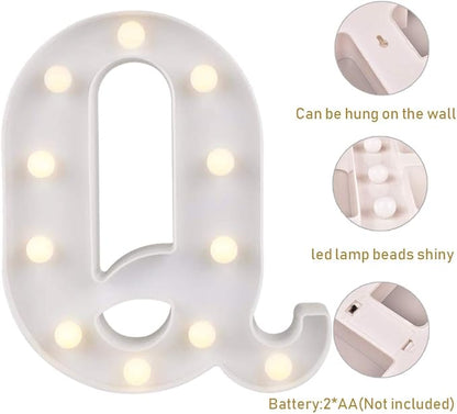 ODISTAR LED Light Up Marquee Letters, Battery Powered Sign Letter 26 Alphabet with Lights for Wedding Engagement Birthday Party Table Decoration bar Christmas Night Home,9’’, White (Q)