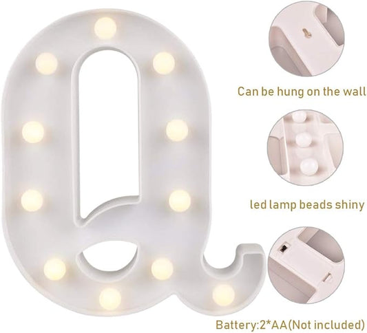 ODISTAR LED Light Up Marquee Letters, Battery Powered Sign Letter 26 Alphabet with Lights for Wedding Engagement Birthday Party Table Decoration bar Christmas Night Home,9’’, White (Q)