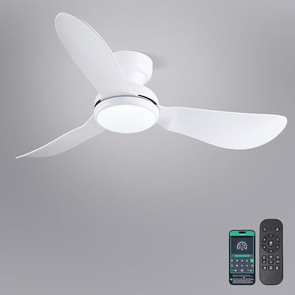 Kviflon 46 Inch Ceiling Fans with Lights, Small Flush Mount Ceiling Fan, Remote/APP Control, 3 Reversible Curved Blades, 6 Speeds, 3 CCT Dimmable Lights for Bedroom, White