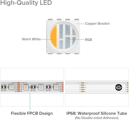 BTF-LIGHTING IP68 Waterproof Outdoor RGBW LED Strip 5050SMD RGB+Warm White(3000K-3500K) 4 Color in 1 DC12V 16.4ft 5m 60LED/m Multi-Colored Light White PCB Can Work Outdoor(No Adapter or Controller)