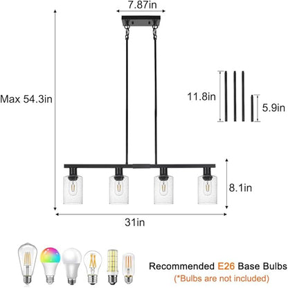4-Light Kitchen Island Lighting, Black Simplicity Bar Island Lights for Kitchen, Farmhouse Chandelier with Adjustable Height & Seeded Glass Shades, Linear Hanging Dining Room Light Fixture Over Table