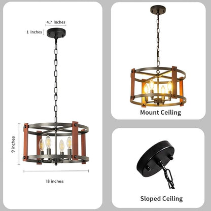 Farmhouse Wood Chandelier,18 Inch Black Modern Rustic Vintage Hanging Pendant Ceiling Light Fixture for Dining Room Bedroom Kitchen Island Hallway Foyer Entryway（4 Light